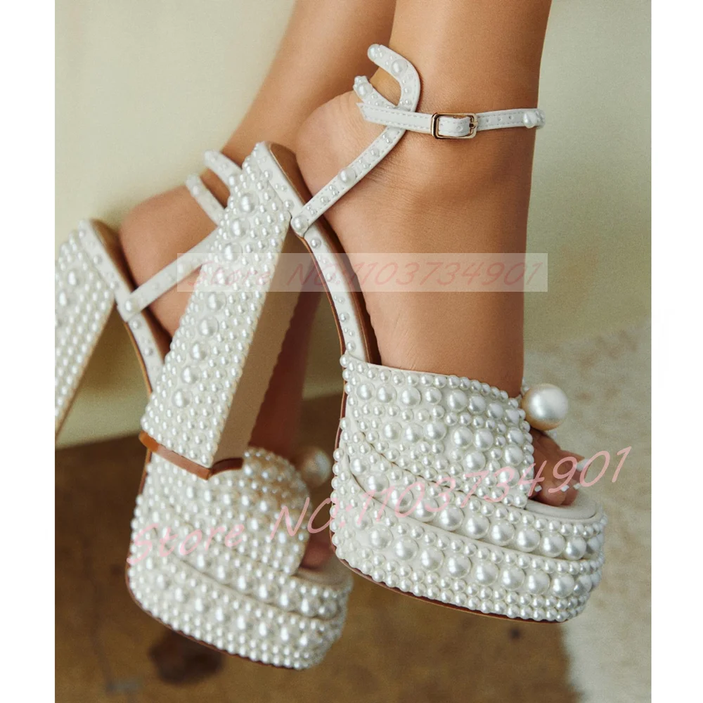 Wedding Super - Women's White Pearl Platform Sandals Ankle